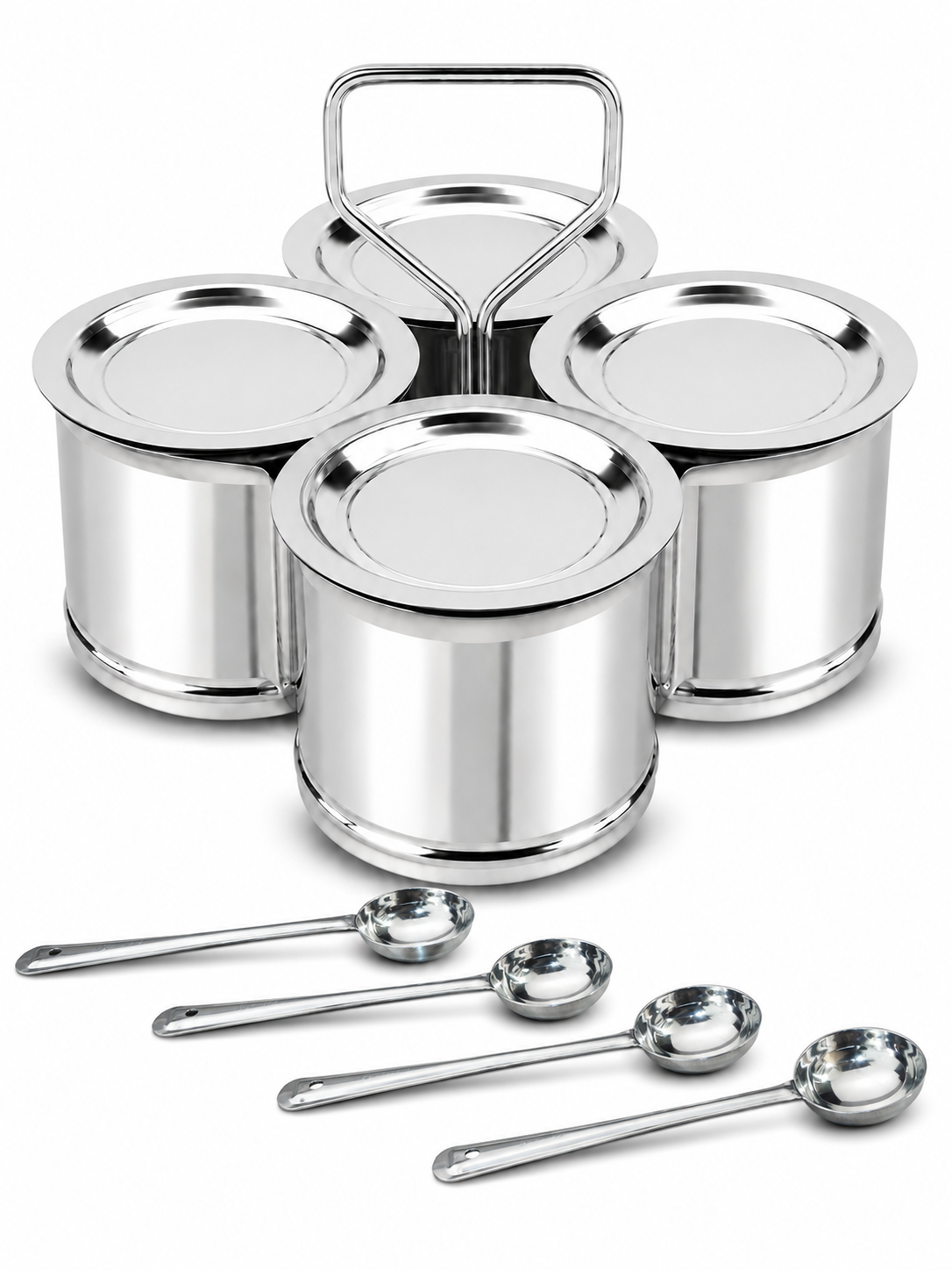 Stainless Steel Vegetable/Curry Holder (Chougadha) Serving Set with Lid & Serving Spoons | Glossy Mirror Finish Chaumukha | Multipurpose Buffet, Catering & Dining Serveware |