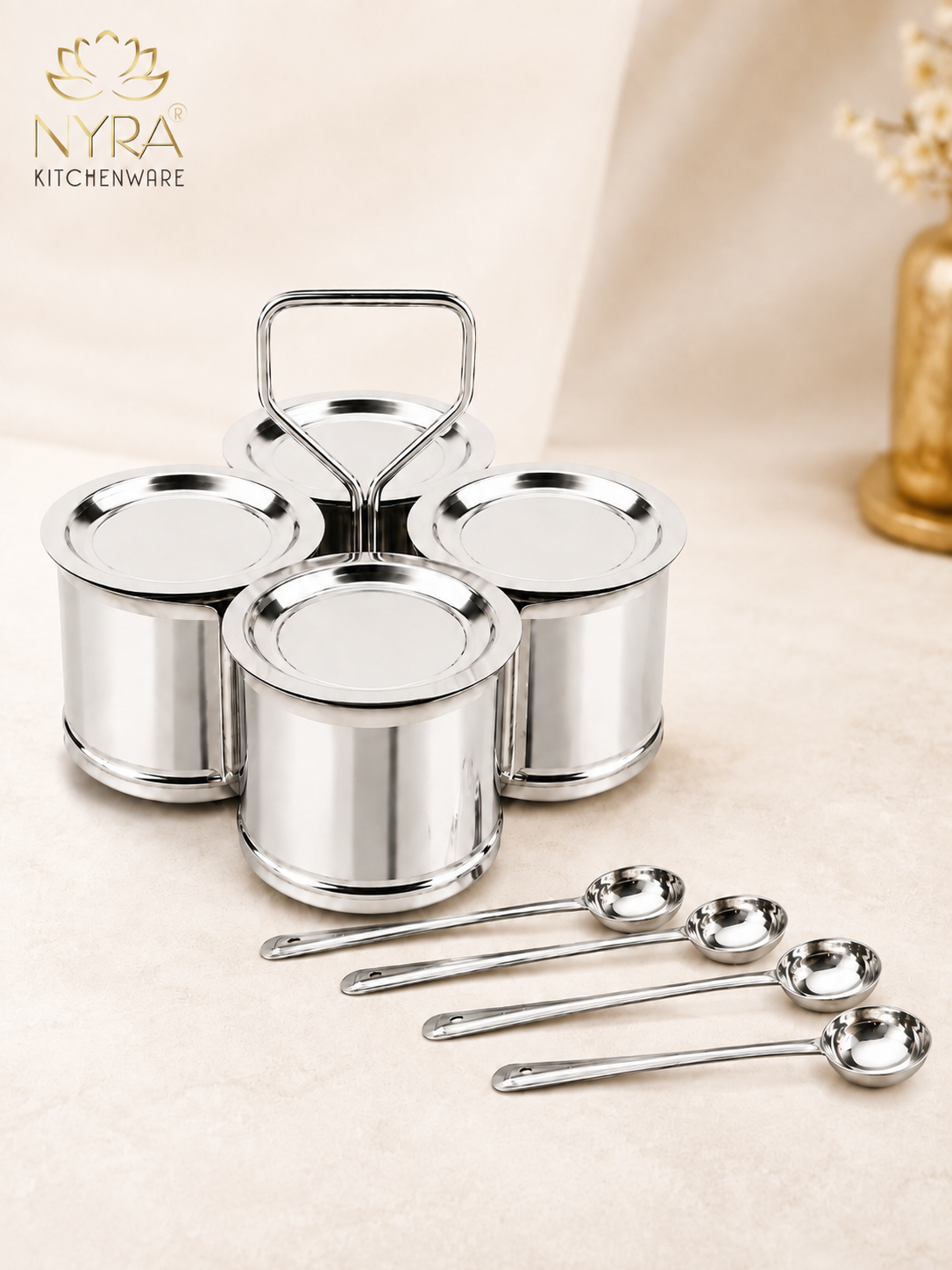 Stainless Steel Vegetable/Curry Holder (Chougadha) Serving Set with Lid & Serving Spoons | Glossy Mirror Finish Chaumukha | Multipurpose Buffet, Catering & Dining Serveware |