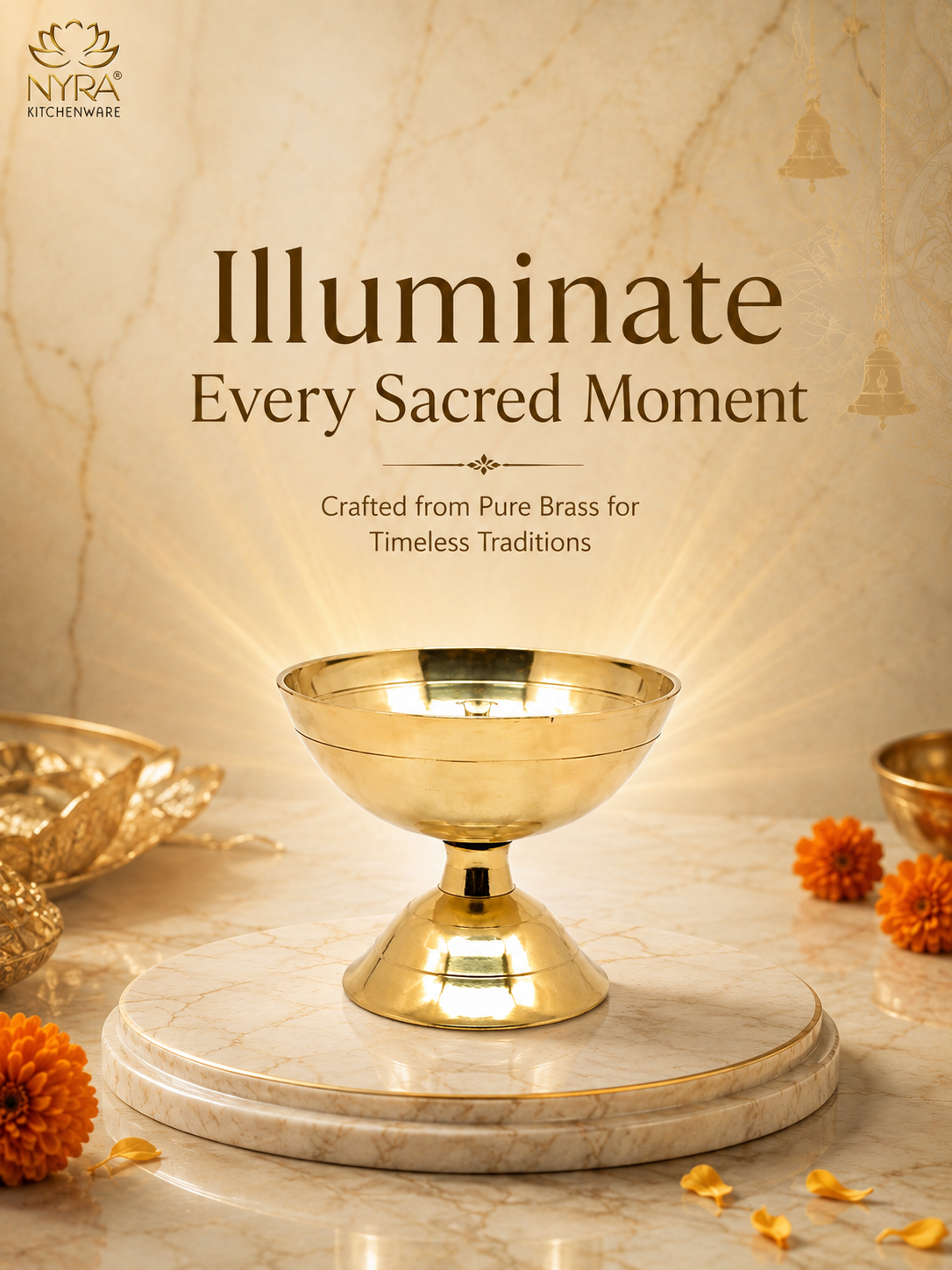A polished brass pedestal bowl, also known as a kalash, displayed on a marble slab. The background is a warm beige marble wall with golden light rays emanating from the bowl.