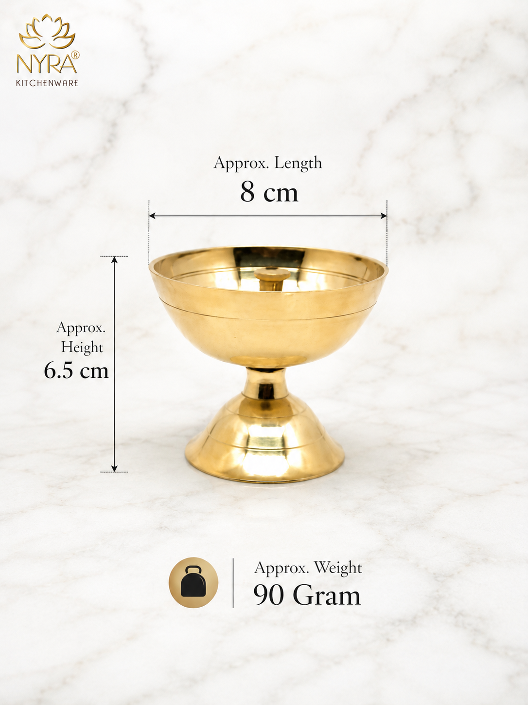 A gold-colored brass pedestal bowl shown on a white marble background with dimension lines indicating a length of 8 cm and height of 6.5 cm, along with a weight of 90 grams.