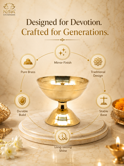 A polished brass oil lamp (diya) on a round marble base, presented in a styled product graphic with text highlighting its features: 'Pure Brass', 'Mirror Finish', 'Traditional Design', 'Durable Build', 'Stable Base', and 'Long-lasting Shine'. The brand logo 'NAYA KITCHENWARE' is visible in the top left corner.