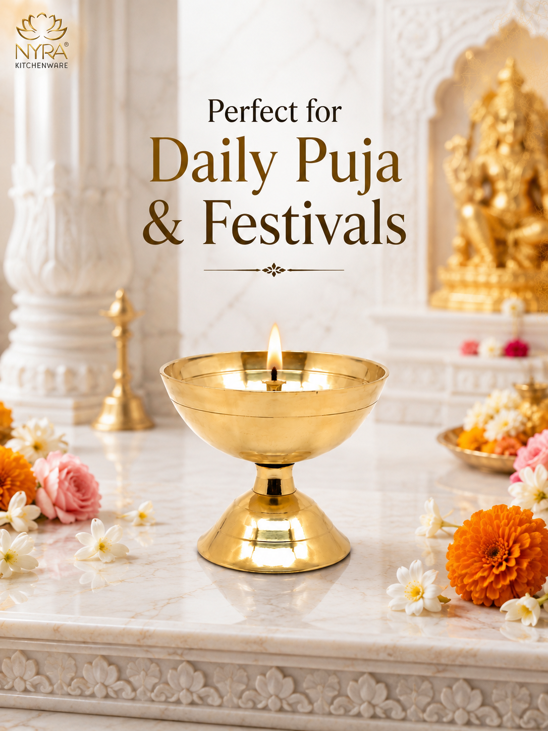 A brass oil lamp (diya) with a lit flame sits on a white marble altar in a decorated temple-like setting. The text 'Perfect for Daily Puja & Festivals' is displayed above, with the NYRA Kitchenware logo in the top left corner.
