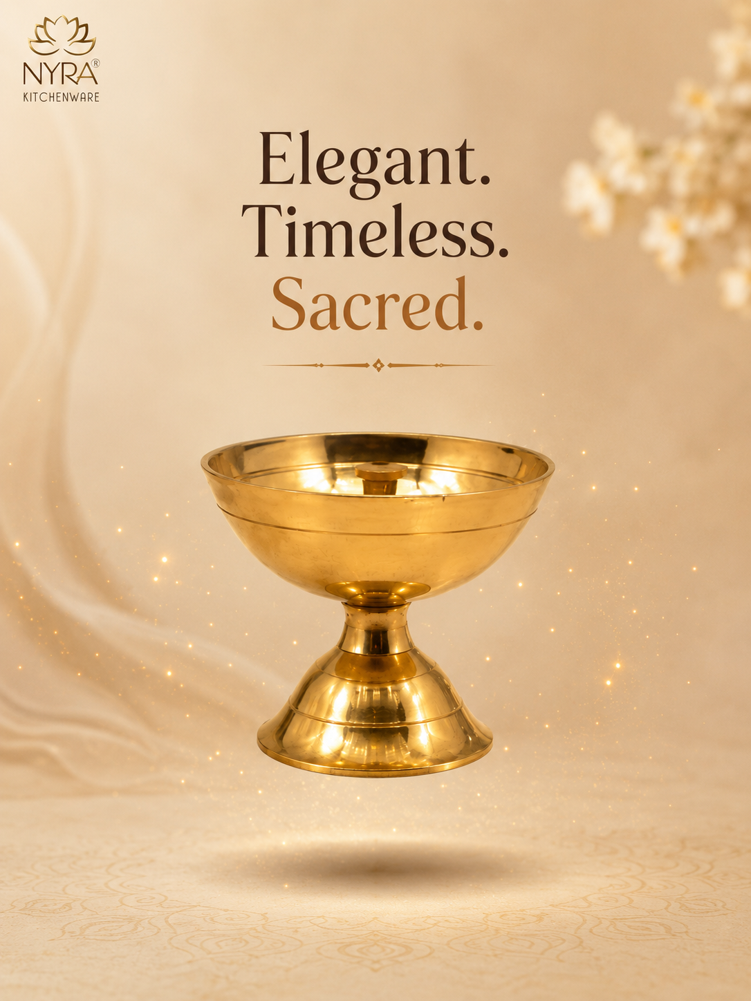 A polished gold pedestal bowl floating against a warm beige background with elegant text reading 'Elegant. Timeless.