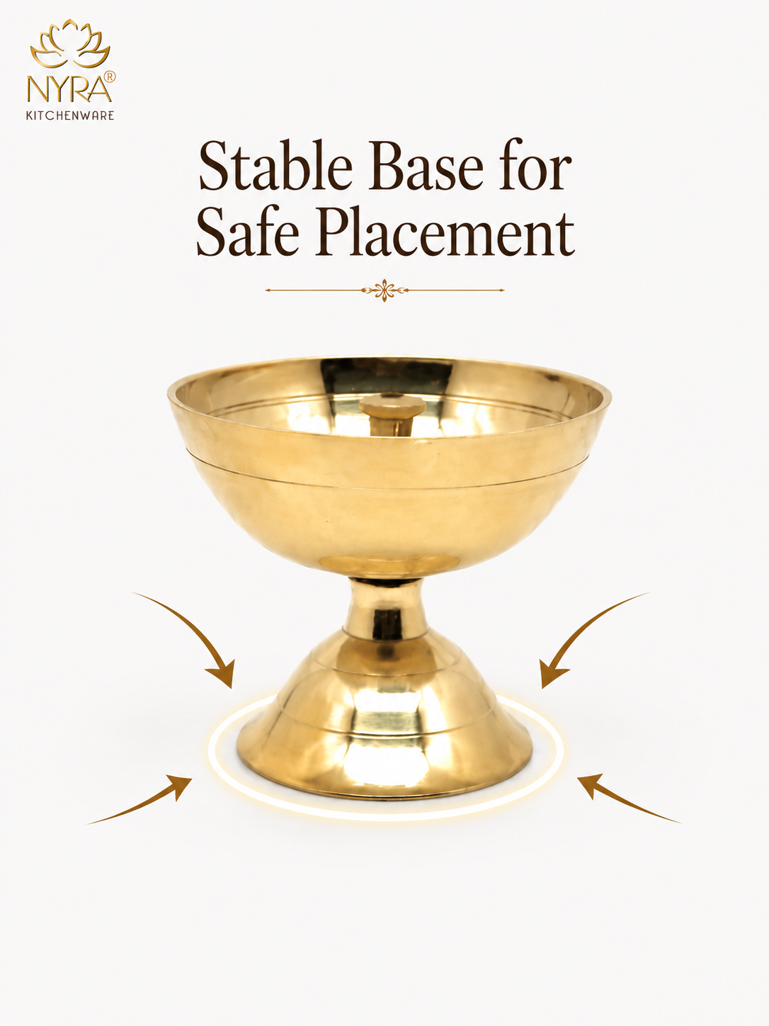 A gold-colored brass pedestal bowl with a stable base, shown on a light background with text reading 'Stable Base for Safe Placement' and arrows indicating stability. The NYPa Kitchenware logo is visible in the top left.