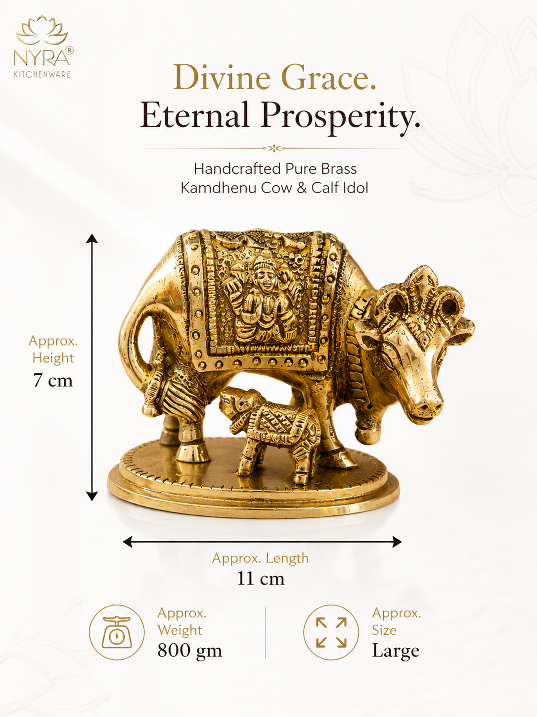 A golden brass idol of a Kamdhenu cow and calf with an ornate carved saddle, shown on a white background with product dimensions and weight details. The brand logo 'Nyra Kitchenware' is visible in the top left.
