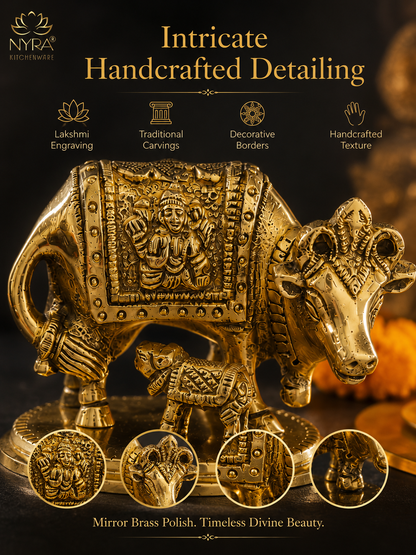 A decorative brass cow and calf figurine with intricate handcrafted detailing, shown on a dark background with promotional text and circular detail insets. The brand name 'Nyra Kitchenware' is visible in the top left.