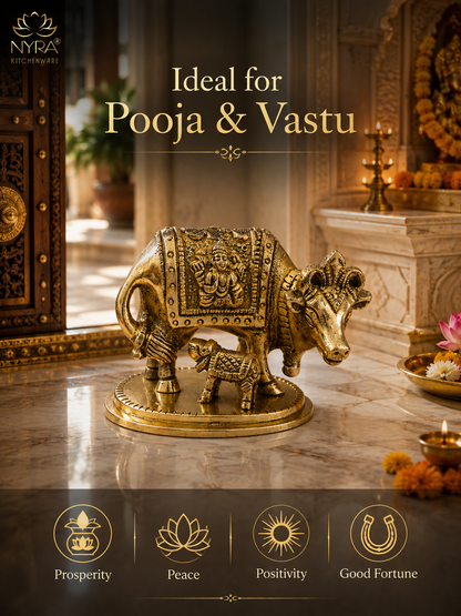 A brass cow and calf figurine with intricate carvings, displayed on a polished marble surface in a warm, decorated interior. The image includes the NYRA KITCHENDES brand logo in the top left, the text 'Ideal for Pooja & Vastu' at the top, and four feature icons for Prosperity, Peace, Positivity, and Good Fortune along the bottom.