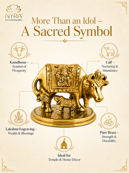 A brass cow and calf idol on a round base, presented on a beige background with text callouts reading 'More Than an Idol – A Sacred Symbol' and labels for Kamdhenu, Calf, Lakshmi Engraving, Pure Brass, and Temple & Home Decor use.
