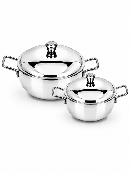 Stainless Steel Heavy Gauge Serving Vegetable Handi with Lid (Set of 2) | Food Grade Mirror Finish Curry Bowls for Dal, Sabzi, Rice & Biryani | Kitchen Serving Bowl Set |