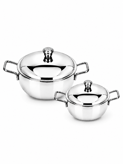 Stainless Steel Heavy Gauge Serving Vegetable Handi with Lid (Set of 2) | Food Grade Mirror Finish Curry Bowls for Dal, Sabzi, Rice & Biryani | Kitchen Serving Bowl Set |