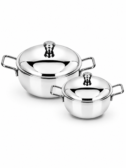 Stainless Steel Heavy Gauge Serving Vegetable Handi with Lid (Set of 2) | Food Grade Mirror Finish Curry Bowls for Dal, Sabzi, Rice & Biryani | Kitchen Serving Bowl Set |