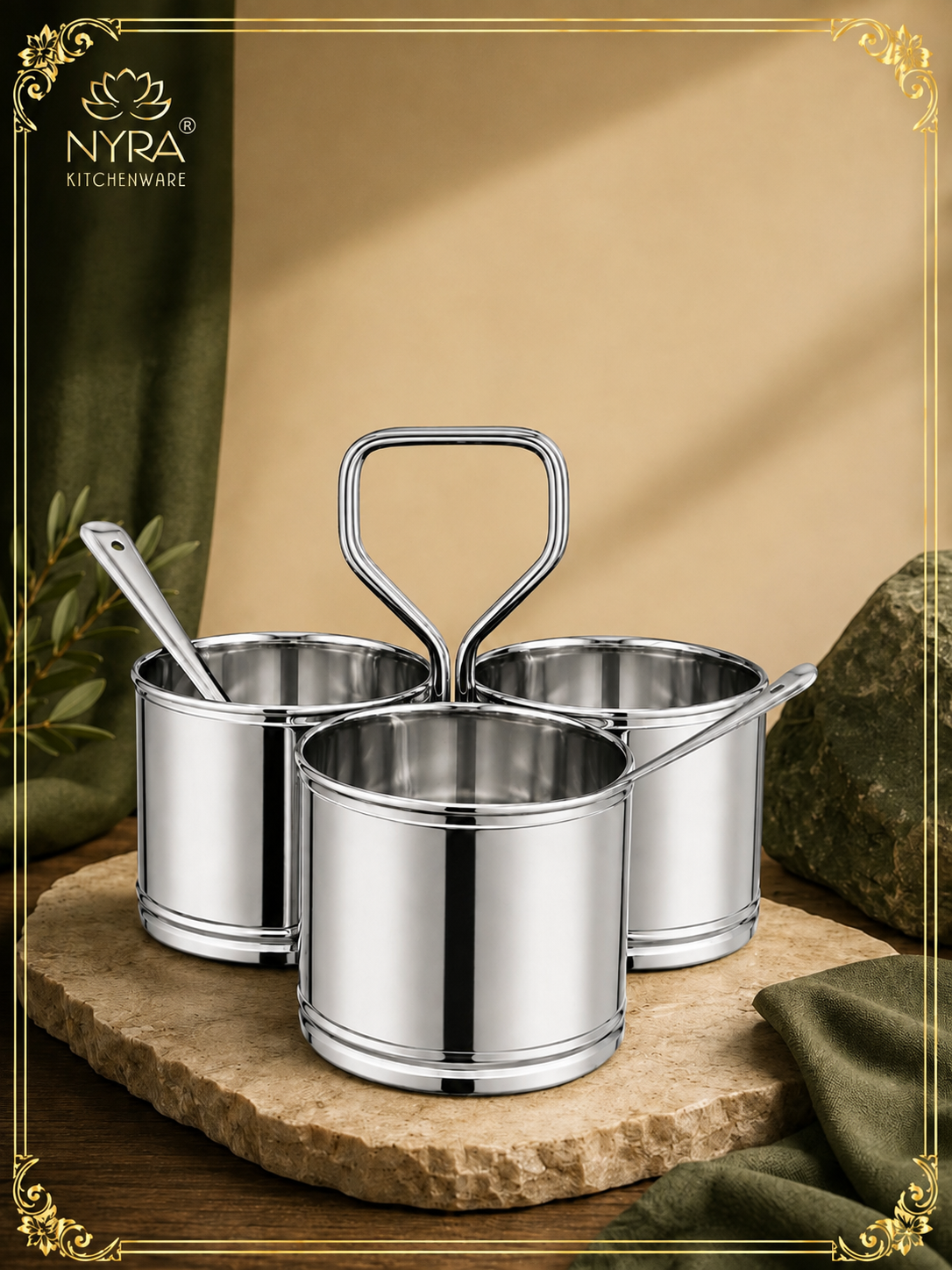 Stainless Steel Chaumukha/Chougadha Vegetable Holder with Golchi/Ladle | Food-grade Curry, Chutney, Rice Serving set - 2 Bowl, 3 Bowl & 4 Bowl