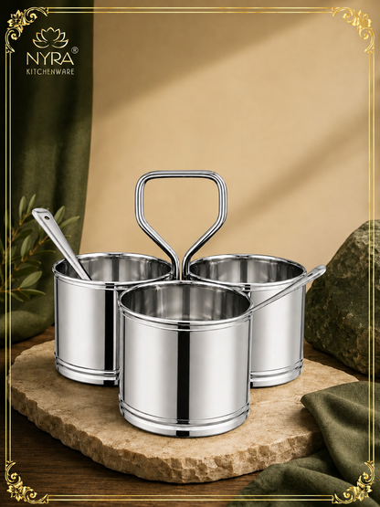 Stainless Steel Chaumukha/Chougadha Vegetable Holder with Golchi/Ladle | Food-grade Curry, Chutney, Rice Serving set - 2 Bowl, 3 Bowl & 4 Bowl
