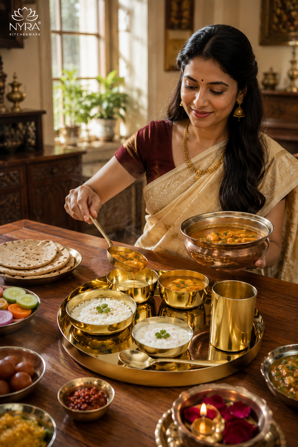 Premium Kansa/Bronze Thali Set of 6pcs. | Traditional Dinnerware Set (1 Thali, 2 Bowls, Glass, Plate, Spoon)