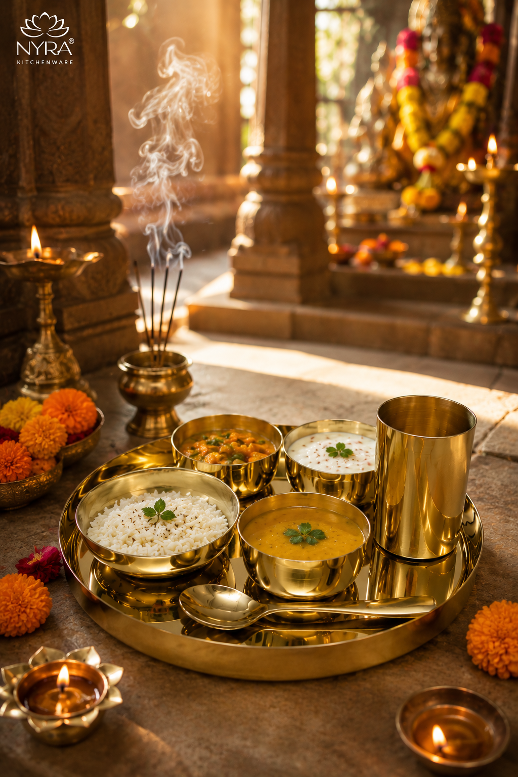 Premium Kansa/Bronze Thali Set of 6pcs. | Traditional Dinnerware Set (1 Thali, 2 Bowls, Glass, Plate, Spoon)