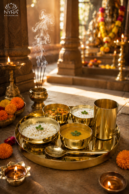 Premium Kansa/Bronze Thali Set of 6pcs. | Traditional Dinnerware Set (1 Thali, 2 Bowls, Glass, Plate, Spoon)