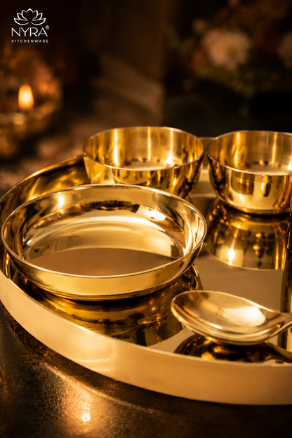 Premium Kansa/Bronze Thali Set of 6pcs. | Traditional Dinnerware Set (1 Thali, 2 Bowls, Glass, Plate, Spoon)