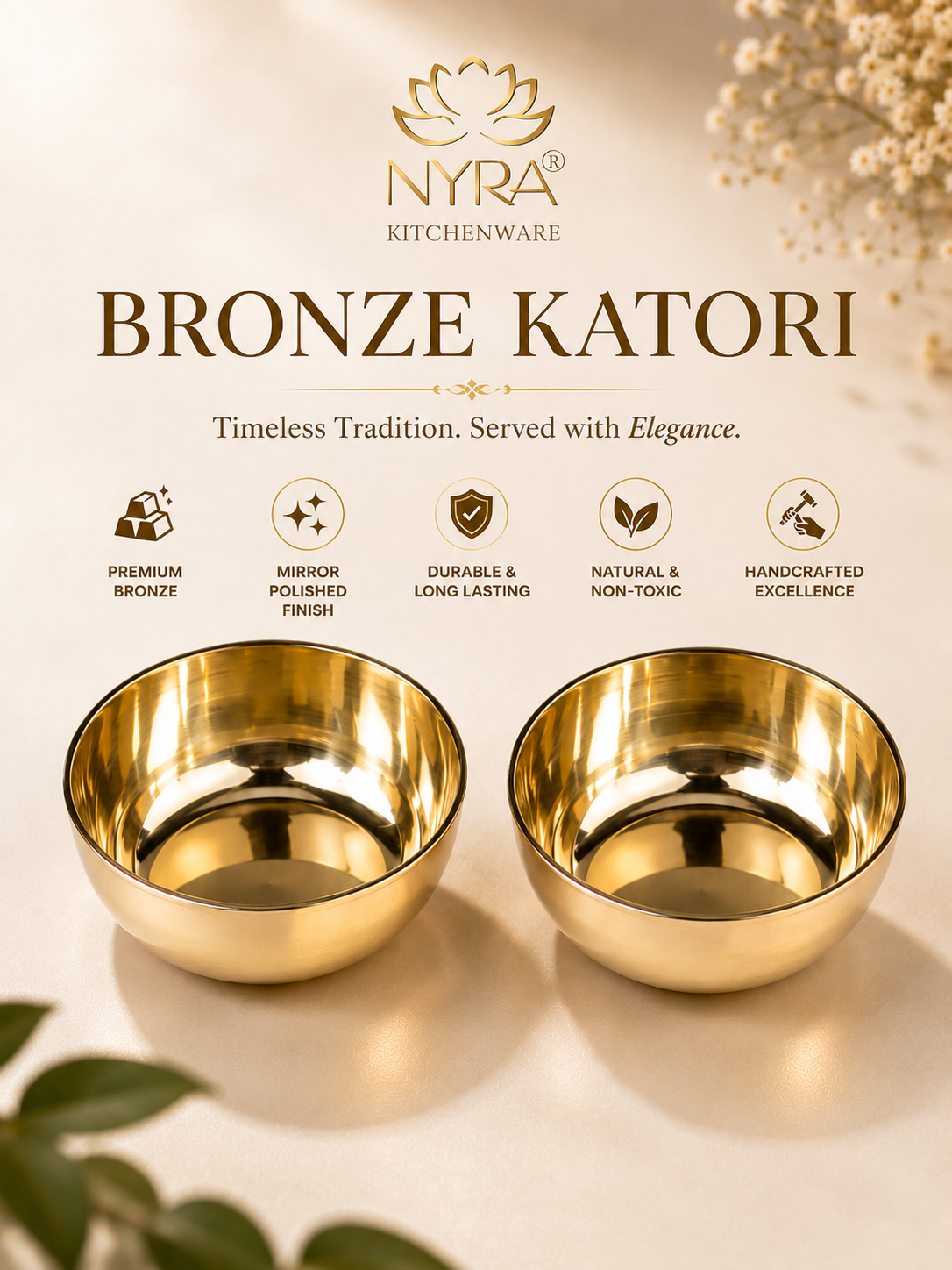 Two shiny bronze-kali bowls displayed on a light beige background with product information text and the NYRA Kitchenware logo above them.