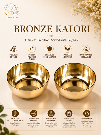 NYRA Kitchenware Bronze Katori bowl set with two polished bronze bowls displayed on a beige background with feature icons and descriptive text.