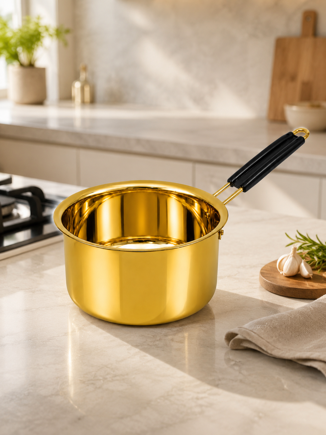 Pure Brass Saucepan - Thick Gauge Body, Ergonomic Heat‑Resistant Black Handle, Gas Stove Compatible | Traditional Indian Cookware