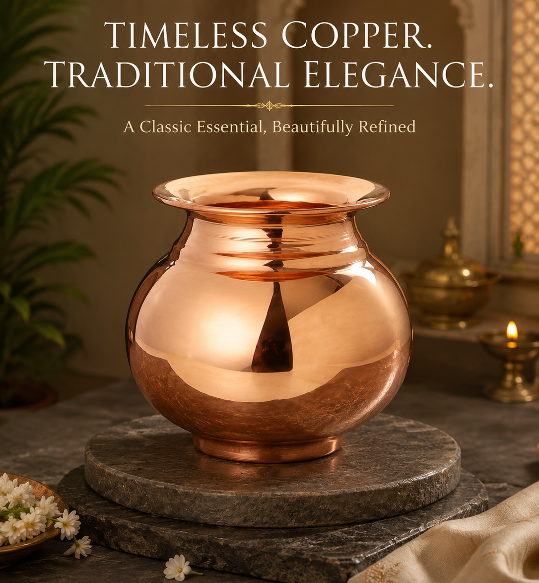 A polished copper vessel with a rounded body and flared rim, displayed on a dark stone slab in a warm, traditional kitchen setting. The image includes the brand logo 'NYRA KITCHENWARE' and the text 'TIMELESS COPPER.