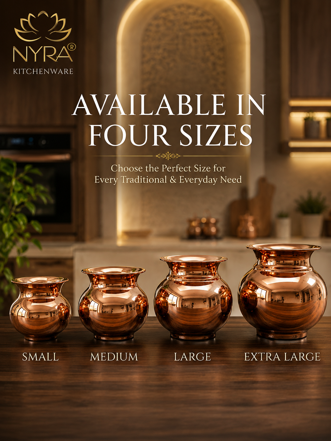 Four copper-colored metal kitchen vases in small, medium, large, and extra large sizes, displayed on a dark wooden countertop in a warm, modern kitchen setting. The image features the NYRA Kitchenware logo in the top left and text reading 'AVAILABLE IN FOUR SIZES' with size labels below the vases.