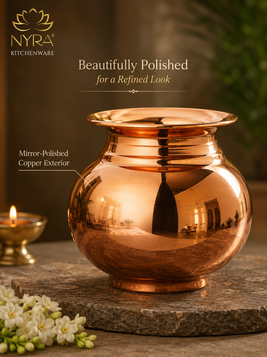 A polished copper kitchen vessel with a wide flared rim and rounded body, displayed on a stone slab with a lit candle and small white flowers in a warm, styled setting. The NYRA Kitchenware logo appears in the top left, with text reading 'Beautifully Polished for a Refined Look' and 'Mirror-Polished Copper Exterior.