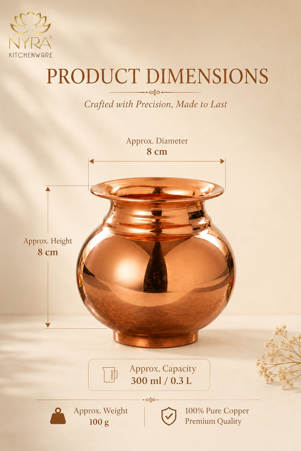 Product dimensions graphic for a copper pot from NYRA Kitchenware, showing a polished copper vessel with labeled measurements of approximately 8 cm diameter and 8 cm height, plus capacity and weight details on a beige background.