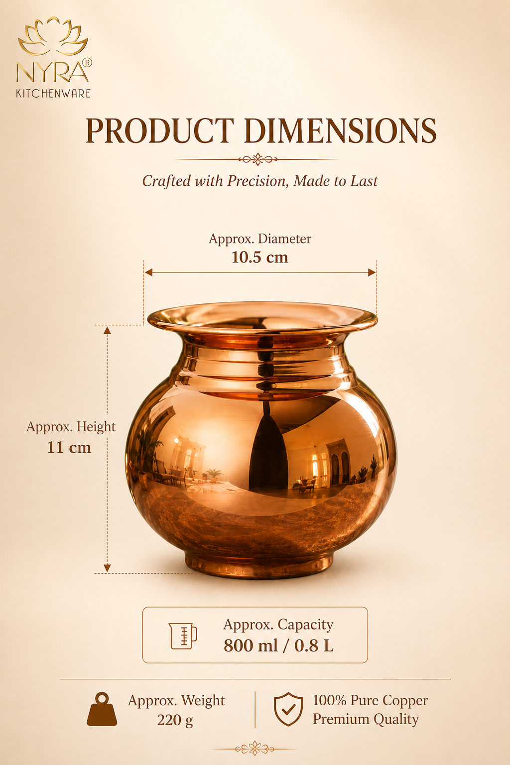Product dimensions graphic for a copper pot from NYRA Kitchenware, showing the pot centered with labeled measurements for diameter, height, capacity, and weight on a beige background.