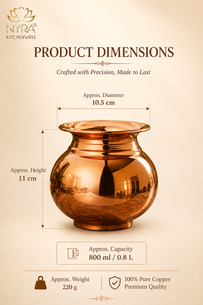 Product dimensions graphic for a copper pot from NYRA Kitchenware, showing the pot centered with labeled measurements for diameter, height, capacity, and weight on a beige background.