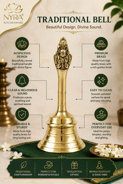 A traditional brass bell with a detailed Ganesha figurine on top, presented on a styled beige and dark green background with text callouts highlighting its features.