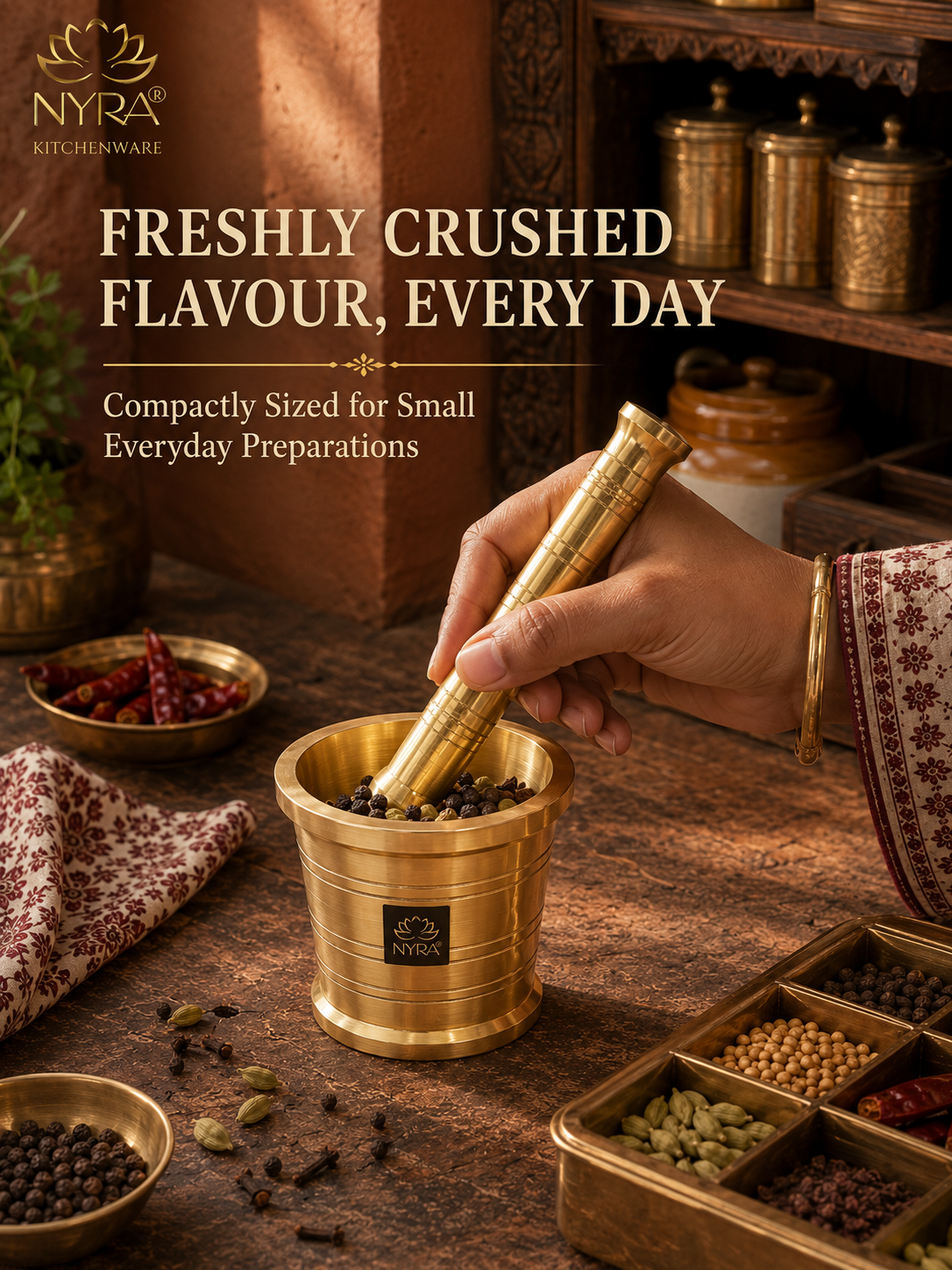 A brass mortar and pestle set being used by a hand in a kitchen setting, with spices and jars in the background. The image features the NYRA Kitchenware logo and text overlay reading 'FRESHLY CRUSHED FLAVOUR, EVERY DAY'.