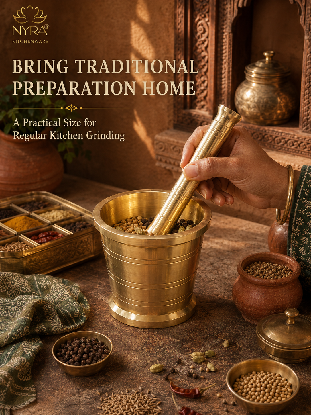 Pure Brass Mortar & Pestle | Traditional Peetal Khal Batta for Spices