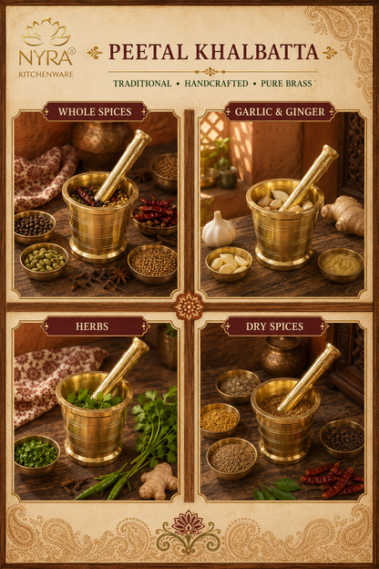 A branded collage for Nyra Kitchenware showing four panels labeled Whole Spices, Garlic & Ginger, Herbs, and Dry Spices, each featuring a brass mortar and pestle with spices and ingredients on a rustic wooden surface. The overall layout is a decorative beige promotional graphic with the text 'Peetal Khalbatta' and 'Traditional • Handcrafted • Pure Brass.