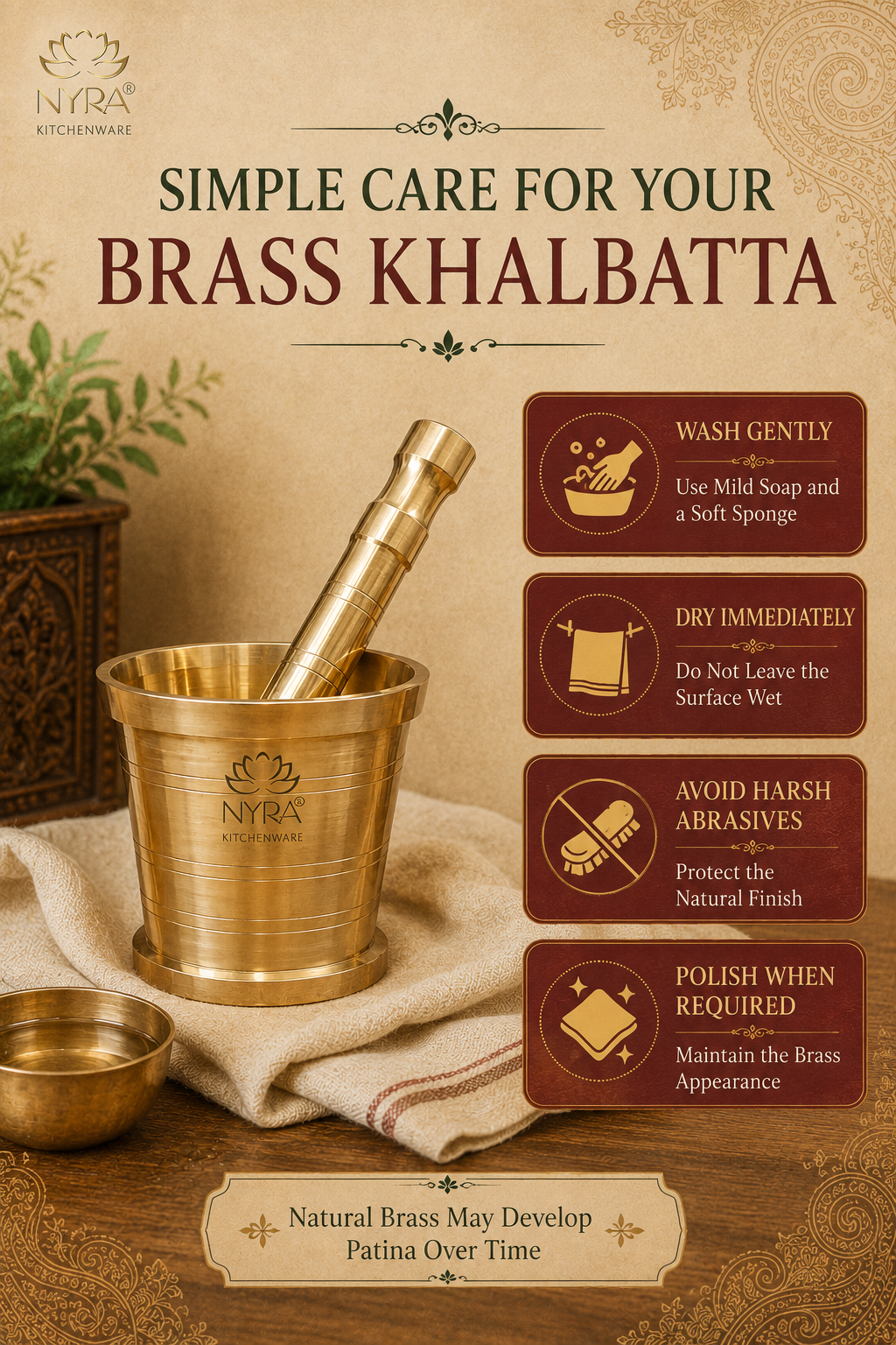 An informational product graphic for brass khalbatta care. The image shows a polished brass mortar and pestle inside a brass container on a cloth, with four dark brown text panels listing care instructions: wash gently, dry immediately, avoid harsh abrasives, and polish when required.