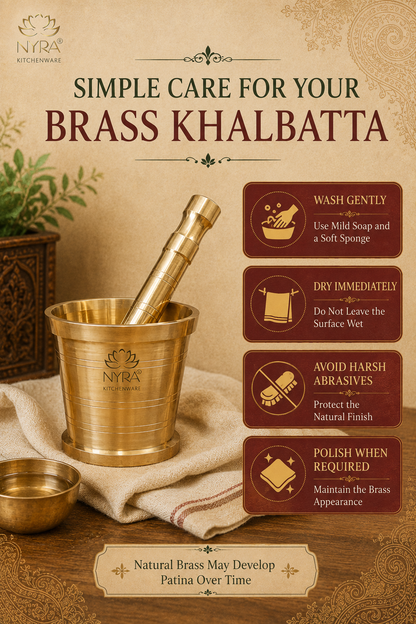 An informational product graphic for brass khalbatta care. The image shows a polished brass mortar and pestle inside a brass container on a cloth, with four dark brown text panels listing care instructions: wash gently, dry immediately, avoid harsh abrasives, and polish when required.