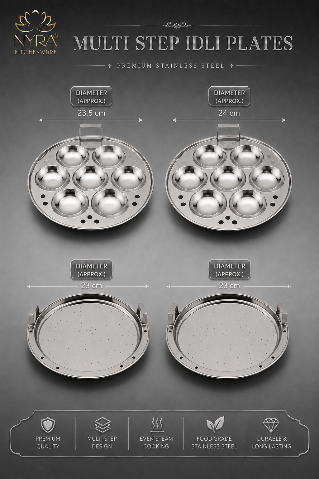Premium Stainless Steel Multi-Idli Cooker Pot with Stackable Idli Plates, Momos & Dhokla Plate - 12, 14 & 21 Idly Stand Options