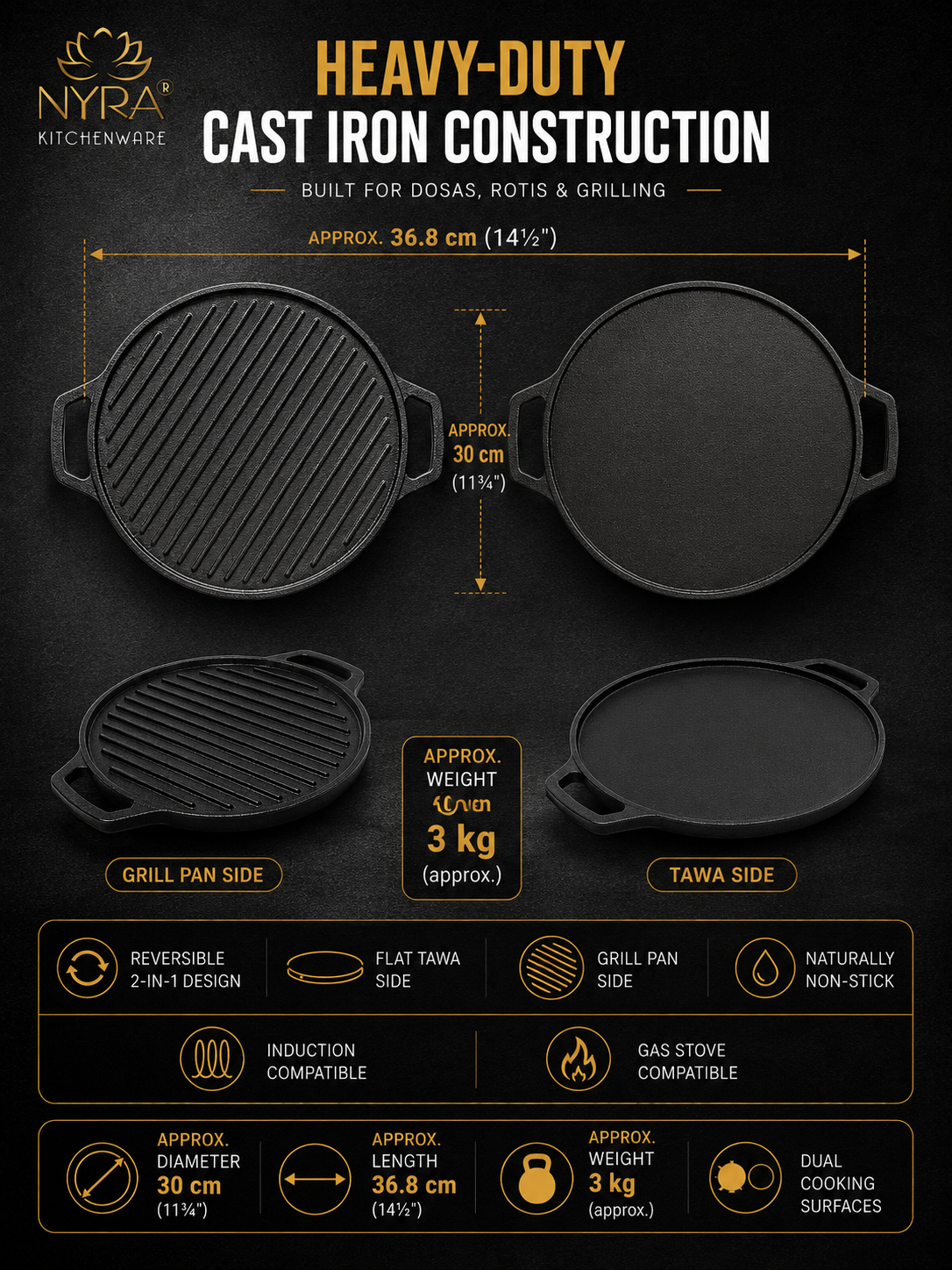 2-in-1 Cast Iron Dosa Tawa & Grill | Naturally Non-Stick, Induction & Gas Compatible