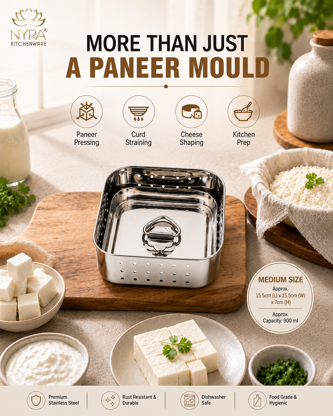 Premium Stainless Steel-square Paneer Maker | Mould & Strainer with Top Press Lid for Homemade Paneer