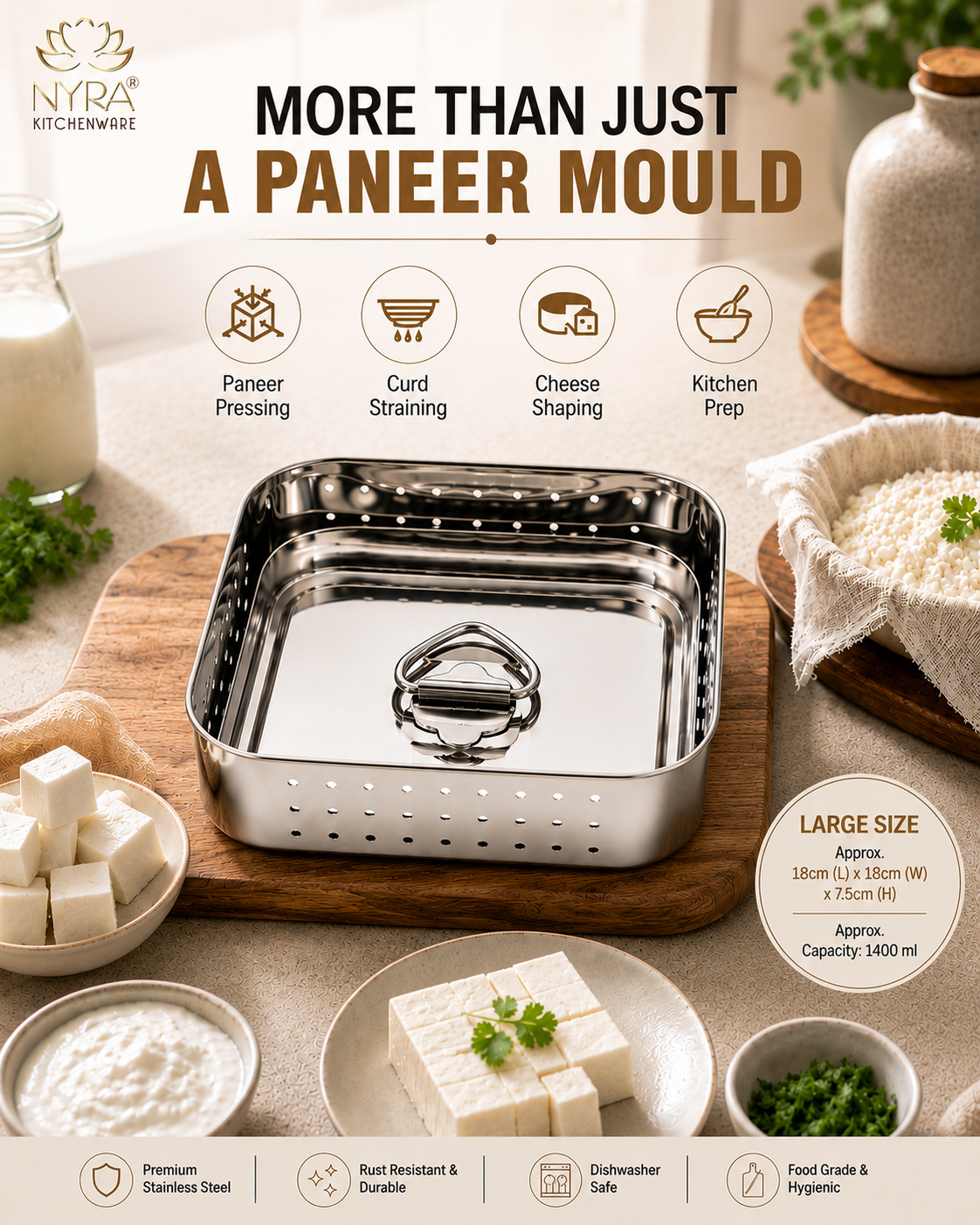 Premium Stainless Steel-square Paneer Maker | Mould & Strainer with Top Press Lid for Homemade Paneer