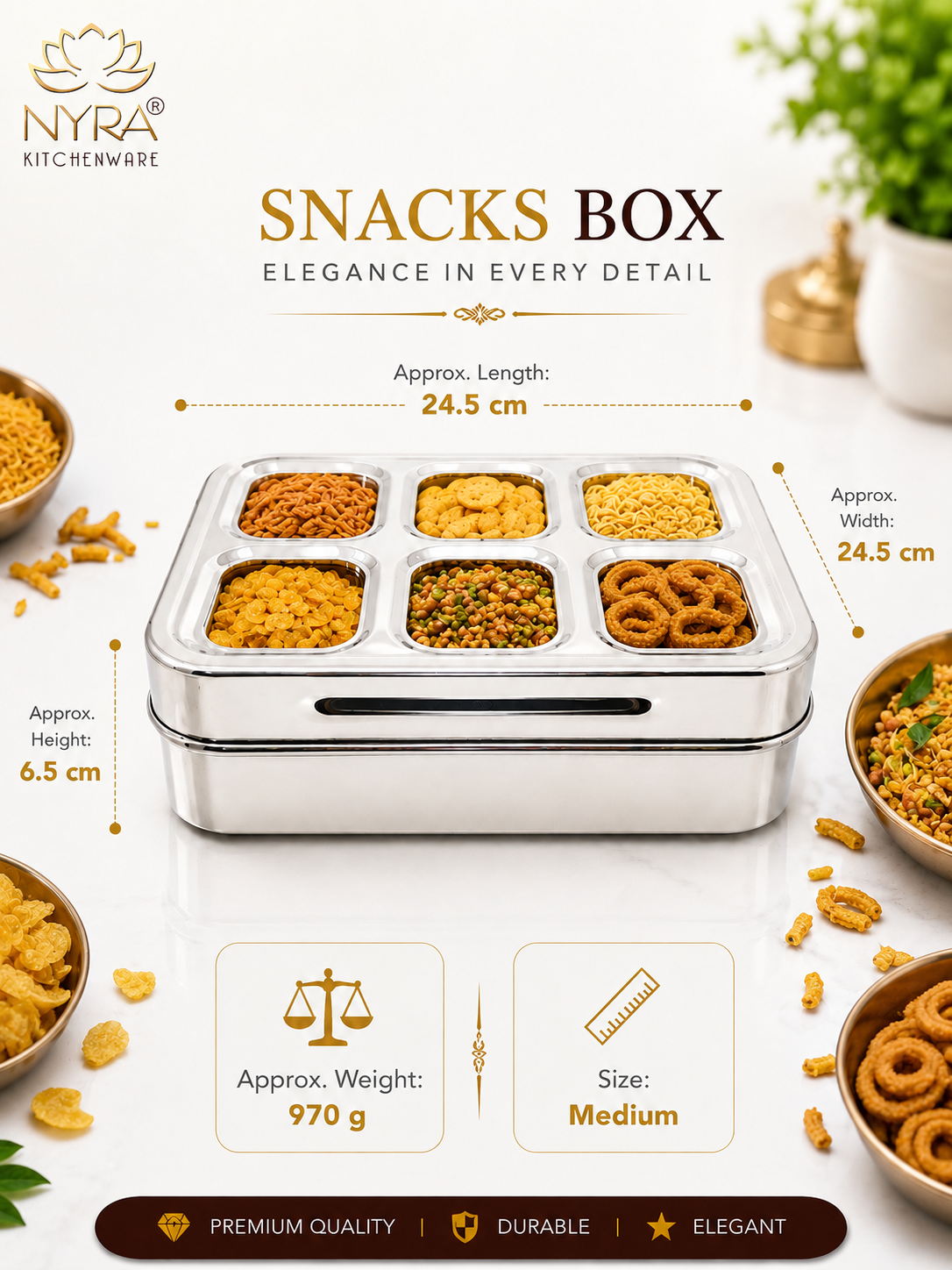 Stainless Steel 6 Compartment Dry Fruit/Spice Box for Kitchen Organization - See-Through Lid Masala/Snacks/Dry Fruit Box