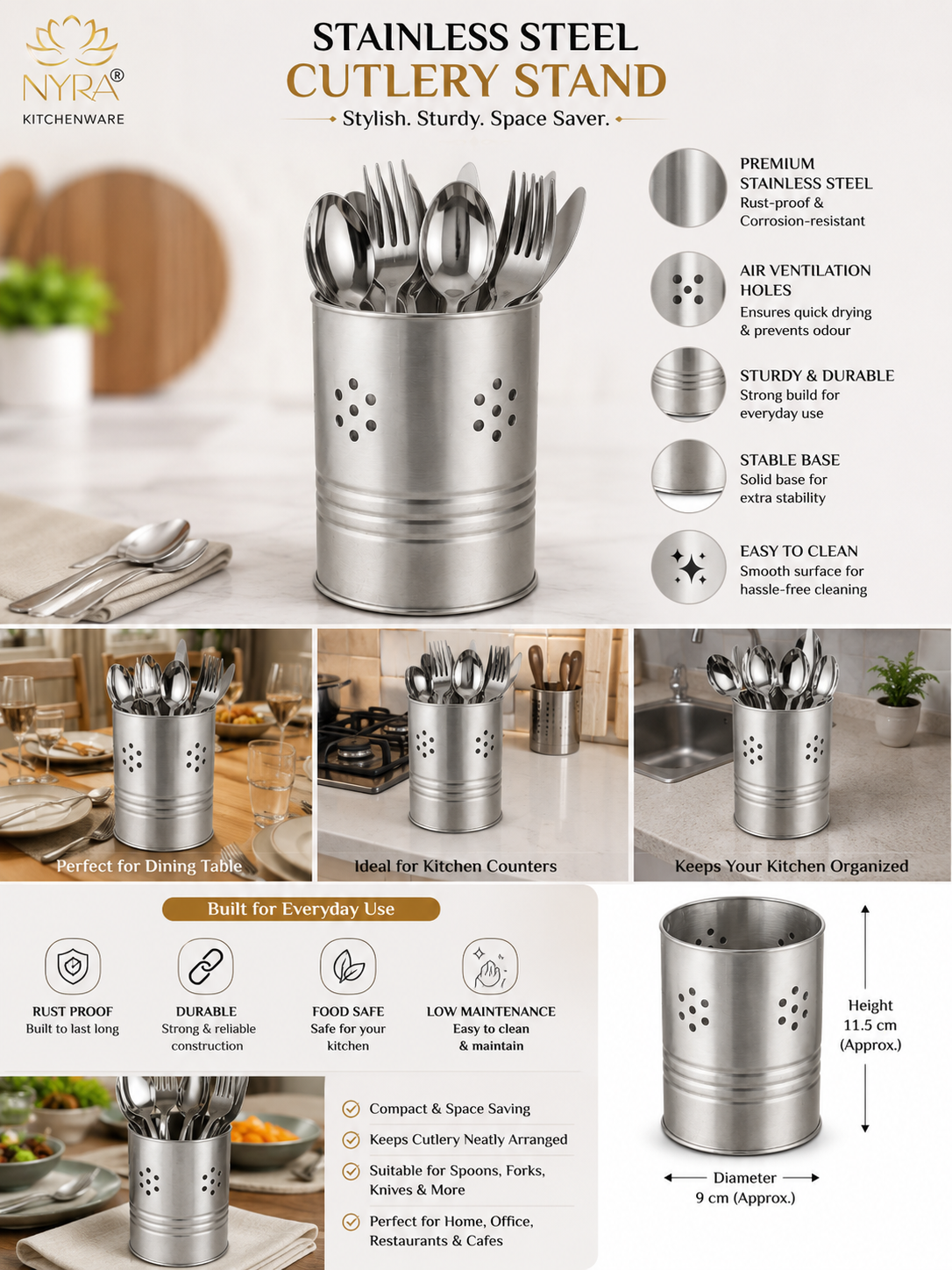 Stainless Steel Round Cutlery Holder/Spoon Holder - Glossy Finish Brush/Pen Holder