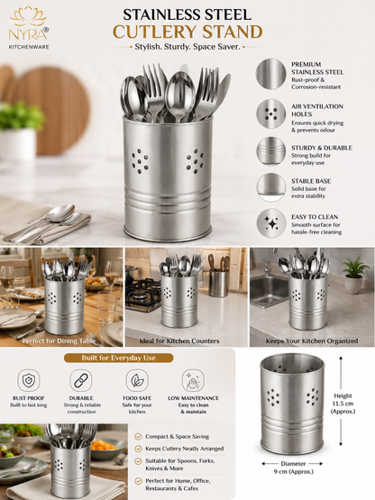 Stainless Steel Round Cutlery Holder/Spoon Holder - Glossy Finish Brush/Pen Holder
