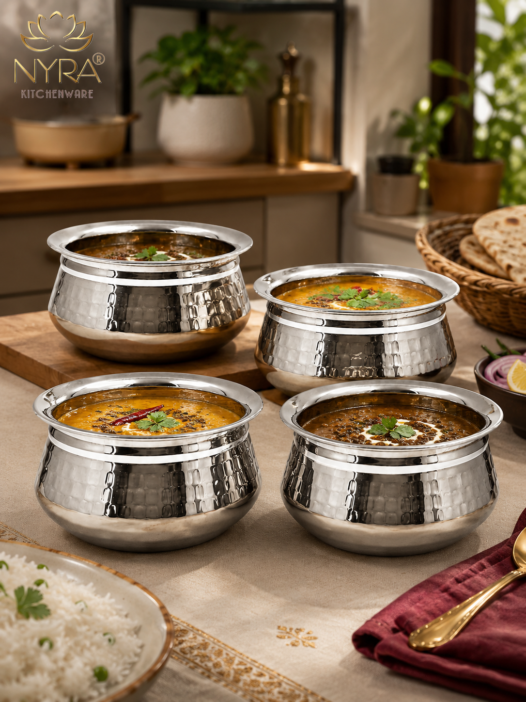 Stainless Steel Hammered Finish Dal Handi - Premium Serveware Set
