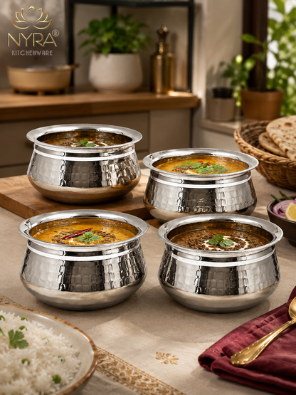 Stainless Steel Hammered Finish Dal Handi - Premium Serveware Set