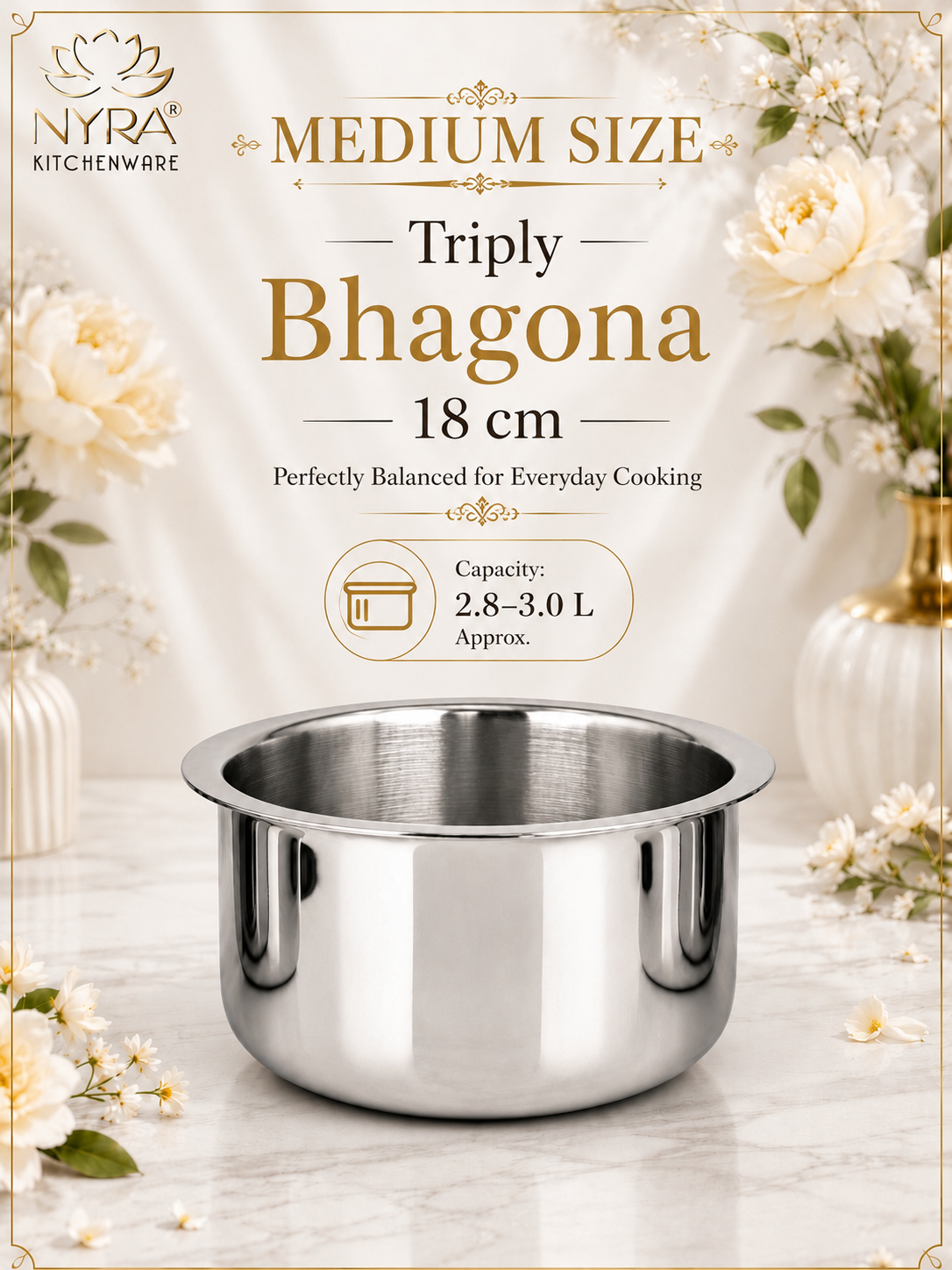 Triply Stainless Steel Bhagona | Heavy Gauge Food Grade Tri-Ply Cooking Pot | Induction & Gas Stove Compatible - Available in 4 Sizes