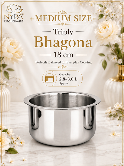 Triply Stainless Steel Bhagona | Heavy Gauge Food Grade Tri-Ply Cooking Pot | Induction & Gas Stove Compatible - Available in 4 Sizes