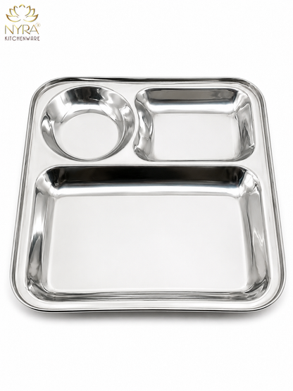 Stainless Steel 3-Compartment Dinner Plate - Ideal for Snacks & Thali Meals