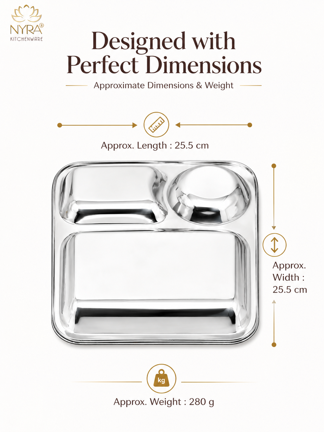 Stainless Steel 3-Compartment Dinner Plate - Ideal for Snacks & Thali Meals