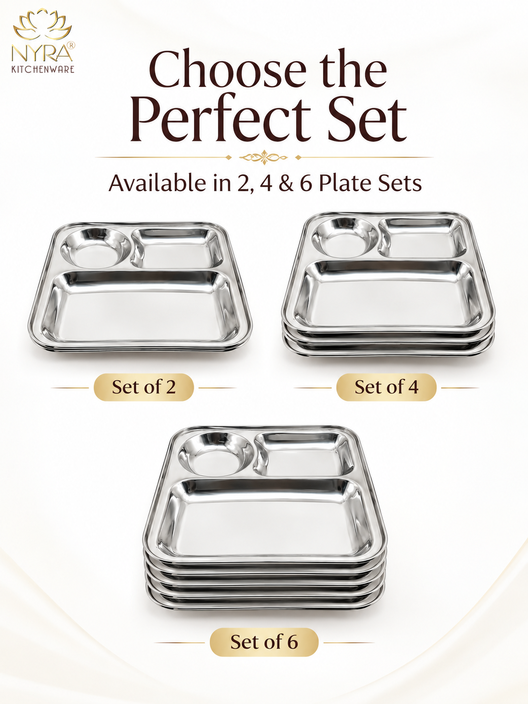 Stainless Steel 3-Compartment Dinner Plate - Ideal for Snacks & Thali Meals
